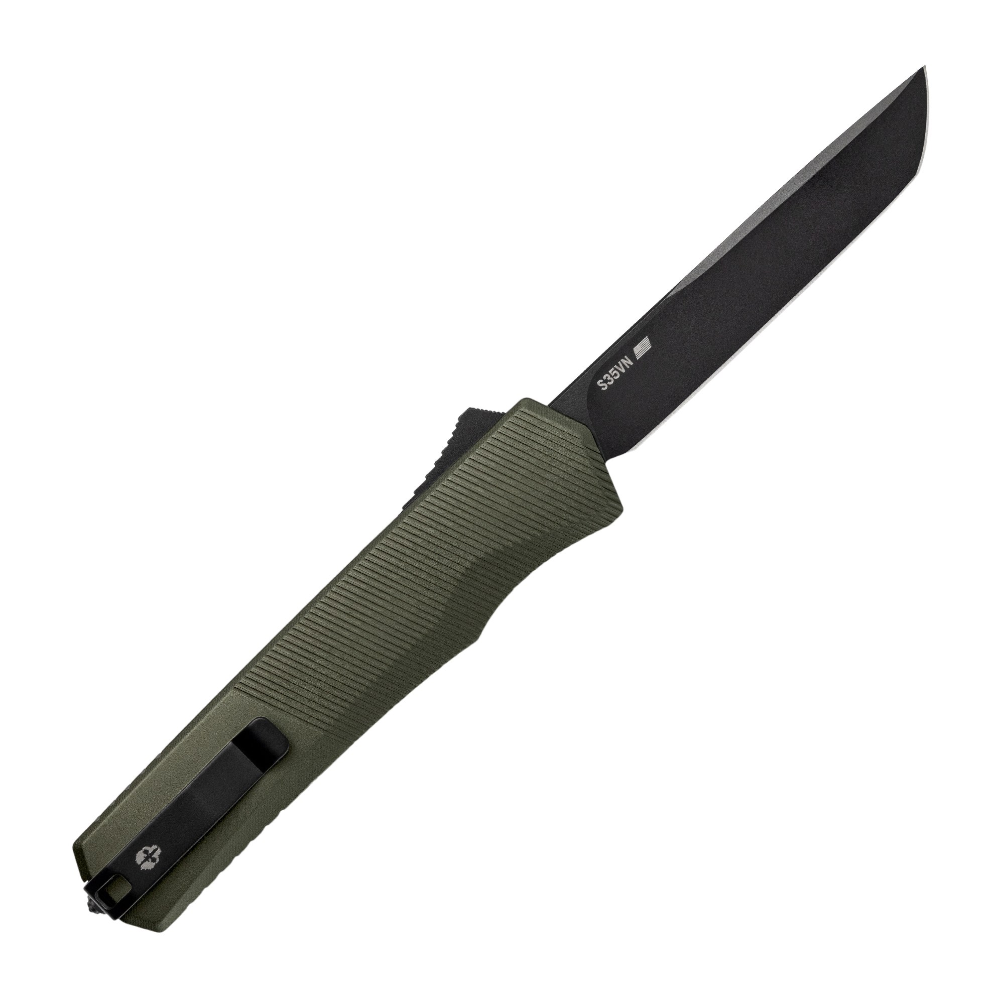 Tekto A5 Spry, OTF Auto,OD Green Aluminum Handle, Black Accents, Black S35VN Tanto Blade, Fine Edge