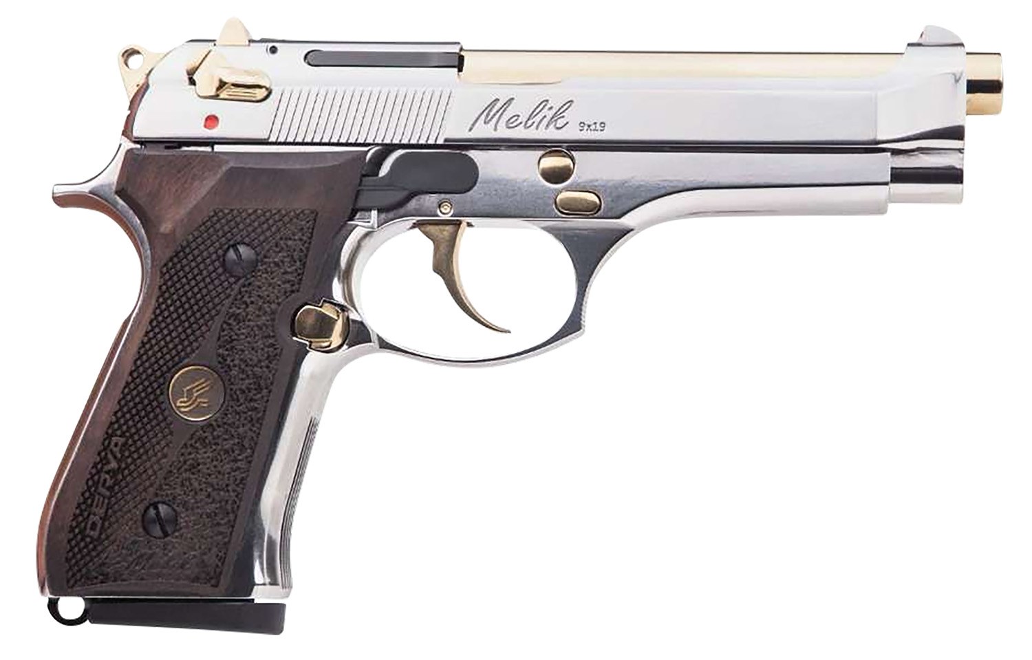 Derya Firearms 10L.MELIK9.NG.TR Melik 9mm Luger 10+1 4.90" Gold TiN Steel Barrel, Black Melonite Serrated Steel Slide, Black Aluminum Frame, Black