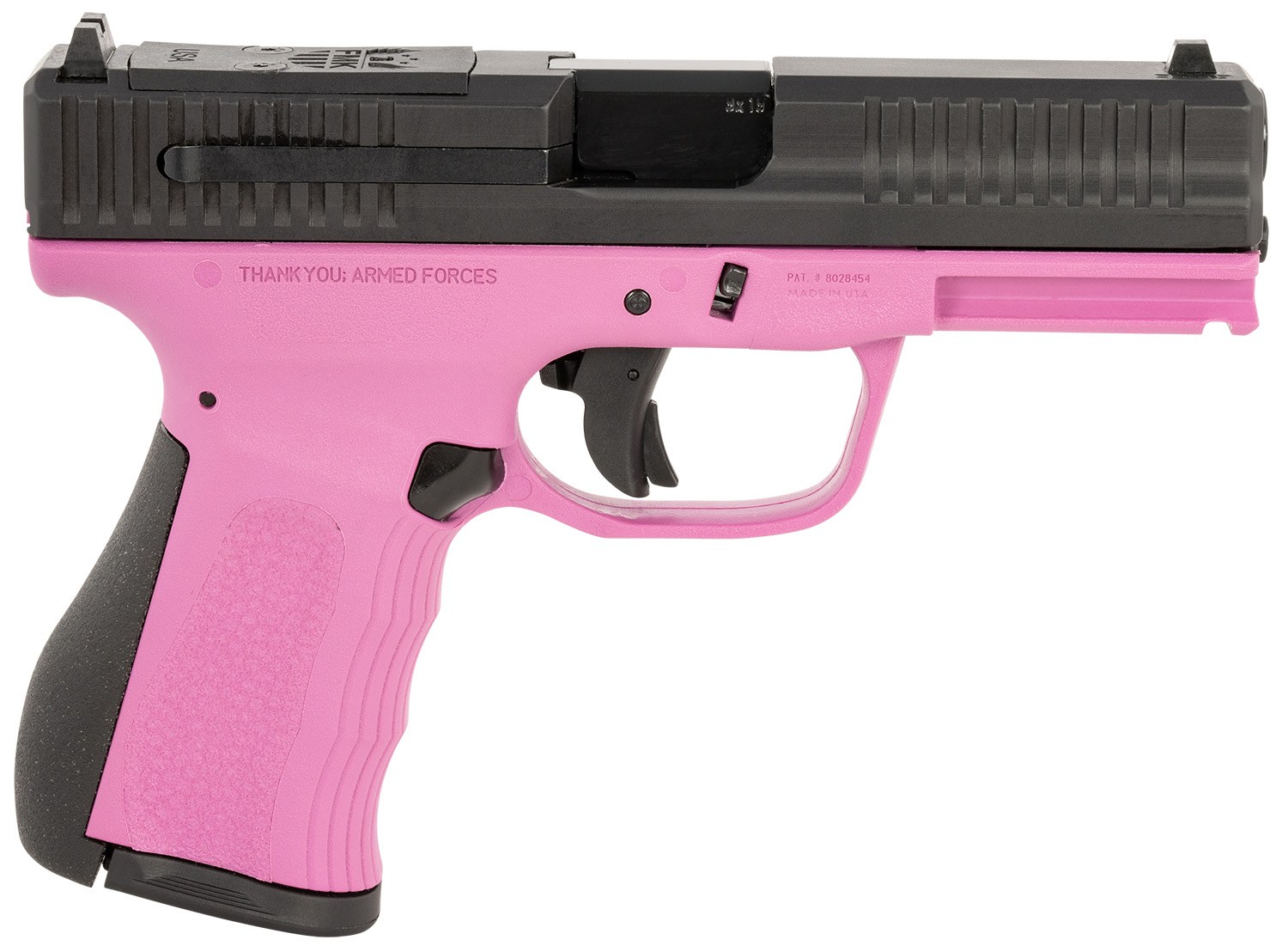 FMK FMKG49PK G3 9mm Luger 14+1 4" Stainless Steel Barrel, Black Optic Cut/Serrated Carbon Steel Slide, Pink Polymer Frame with Picatinny Rail, Black