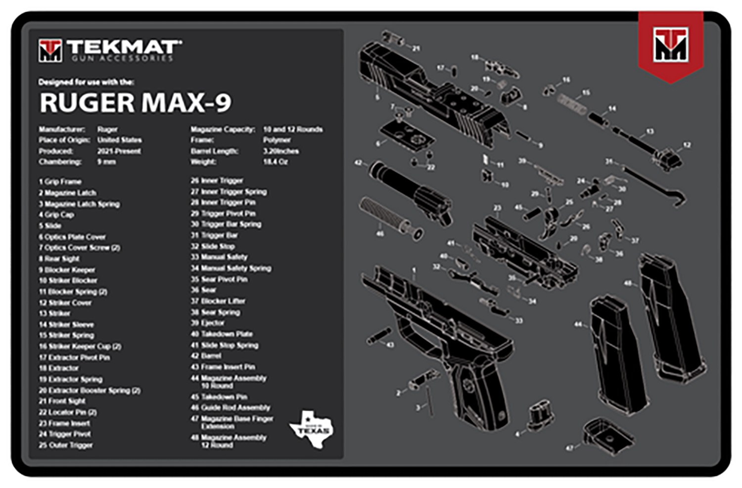 TekMat TEKR17RUGERMAX9 Ruger Max 9 Cleaning Mat Black/White Rubber 11"x17" Ruger Max 9 Parts Diagram